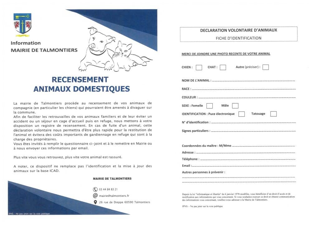 La mairie de Talmontiers procède au recensement de vos animaux de compagnie qui pourraient être amenés à divaguer dans la commune.
