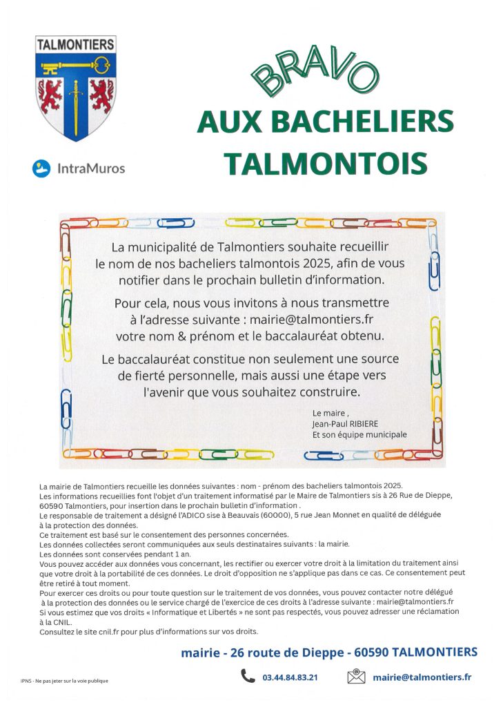 LA MAIRIE DE TALMONTIERS SOUHAITE RECCUEILLIR NOM ET PRENOM DES BACHELIERS TALMONTOIS 2025 POUR INSERTION DANS LE PROCHAIN BULLETIN D'INFORMATION