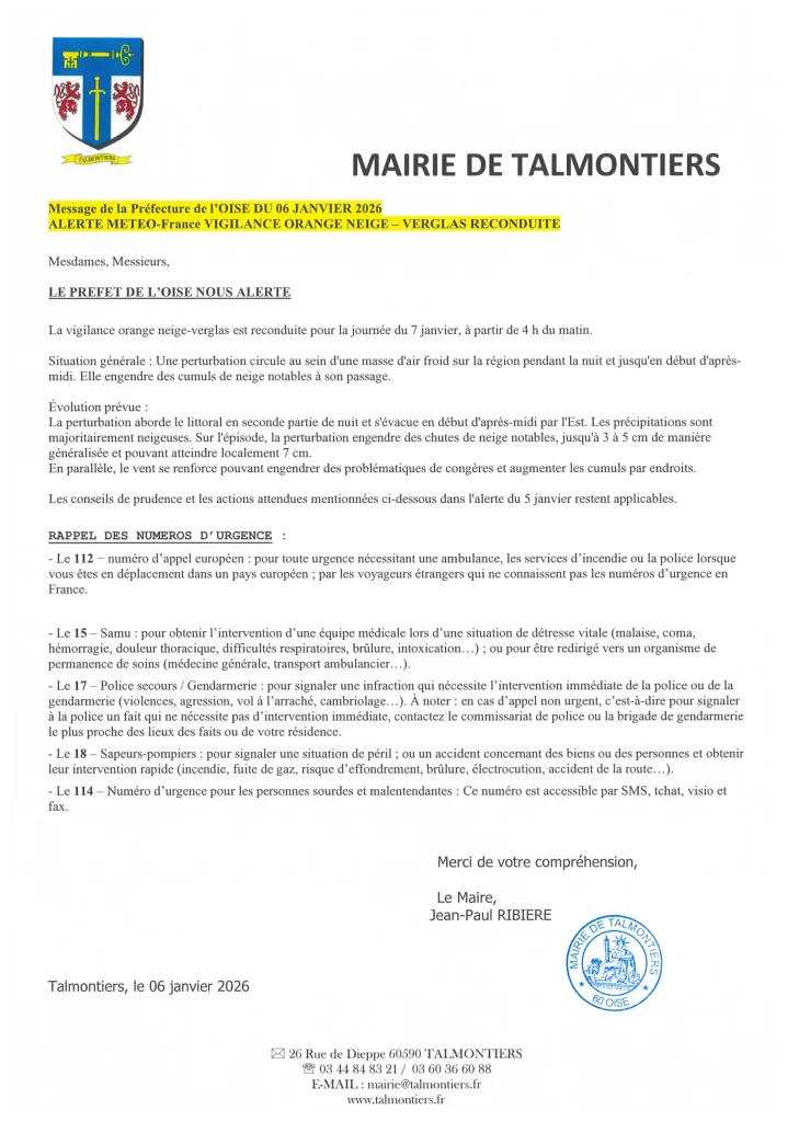 MESSAGE DE LA PREFECTURE DE L'OISE ALERTE VIGILANCE ORANGE NEIGE VERGLAS MERCREDI 7 JANVIER 2026