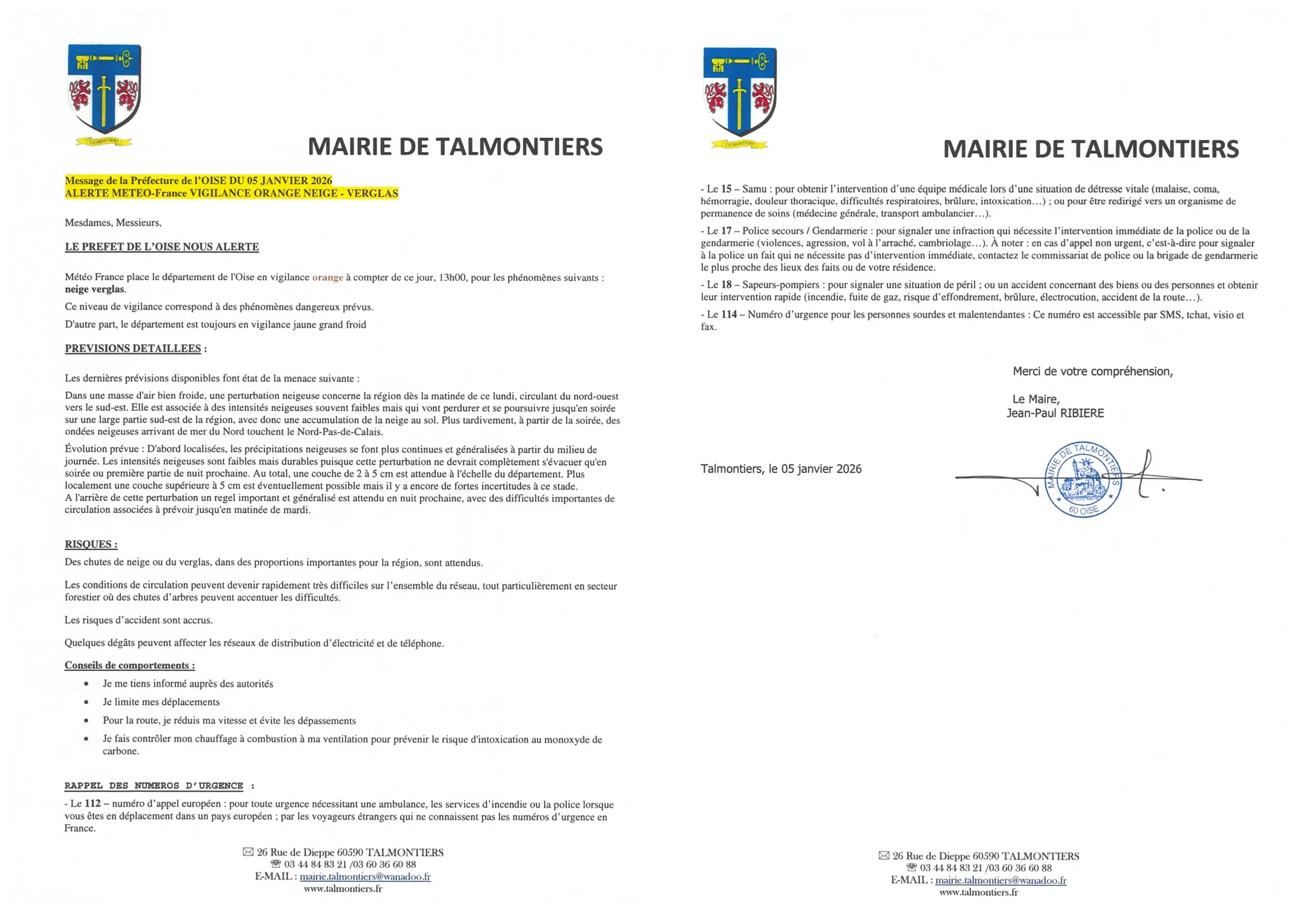 vigilance orange neige verglas selon message de la préfecture de l'oise du 05 janvier 2026