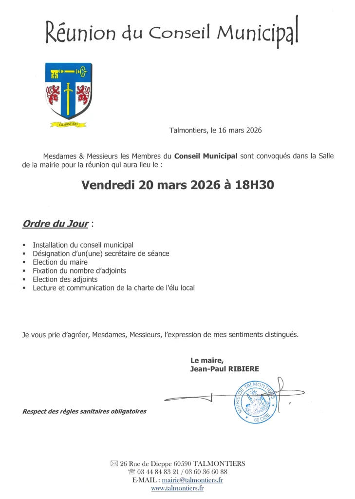 REUNION DE CONSEIL MUNICIPAL DU 20 MARS 2026 SALLE DE LA MAIRIE DE TALMONTIERS A 18H30