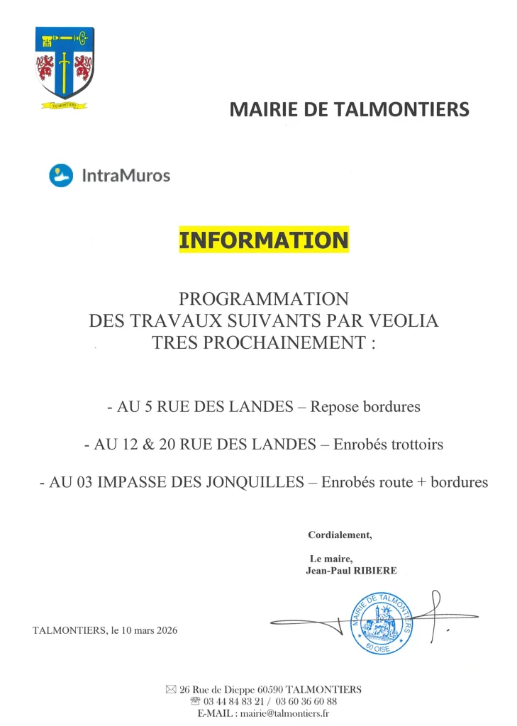 PROGRAMMATION TRES PROCHAINE TRAVAUX PAR VEOLIA