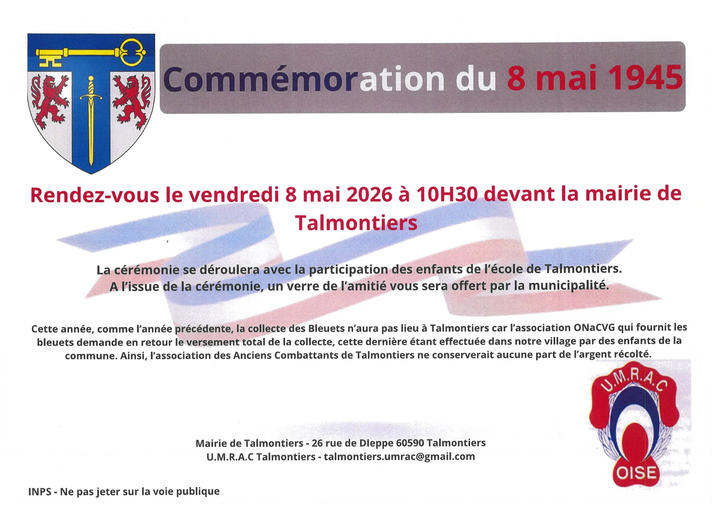 Commémoration du 08 mai 1945 à 10h30 devant la mairie de Talmontiers le vendredi 8 mai 2026