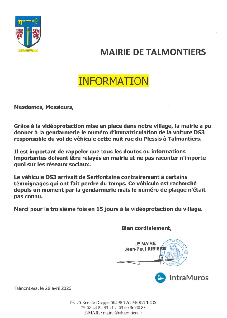 message de monsieur le maire de talmontiers du 28 avril 2026