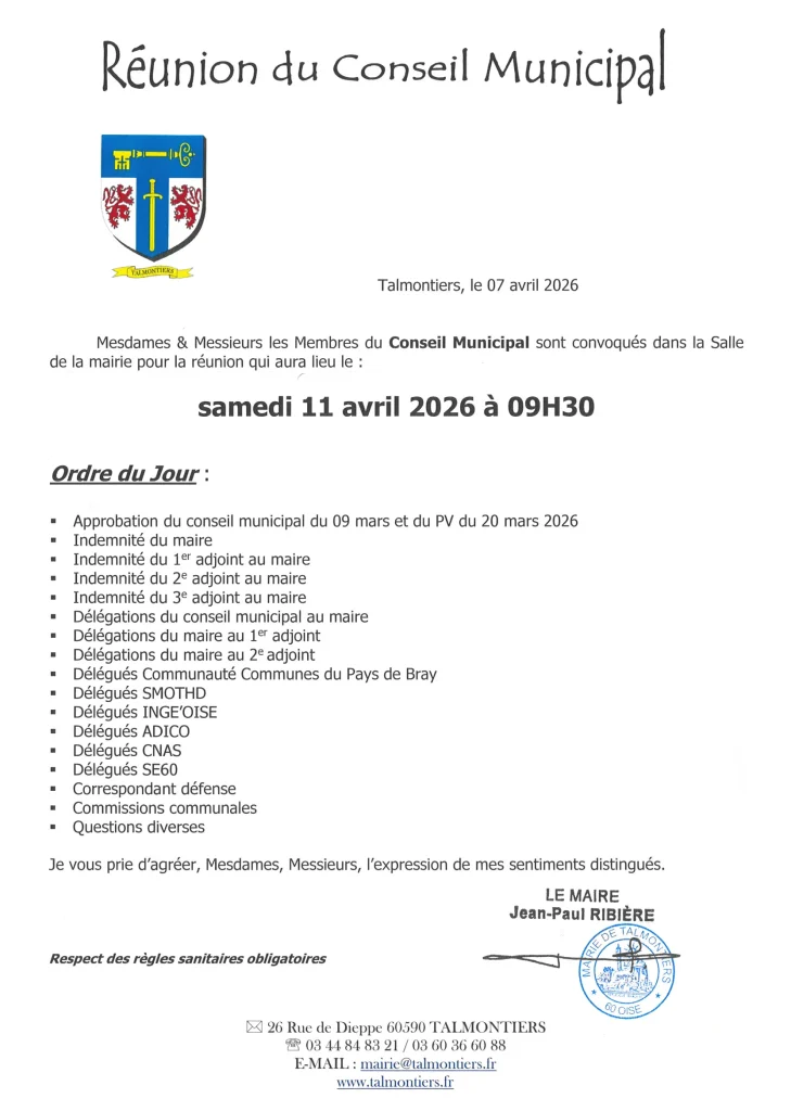 REUNION DE CONSEIL MUNICIPAL LE SAMEDI 11 AVRIL 2026 A 9H30 