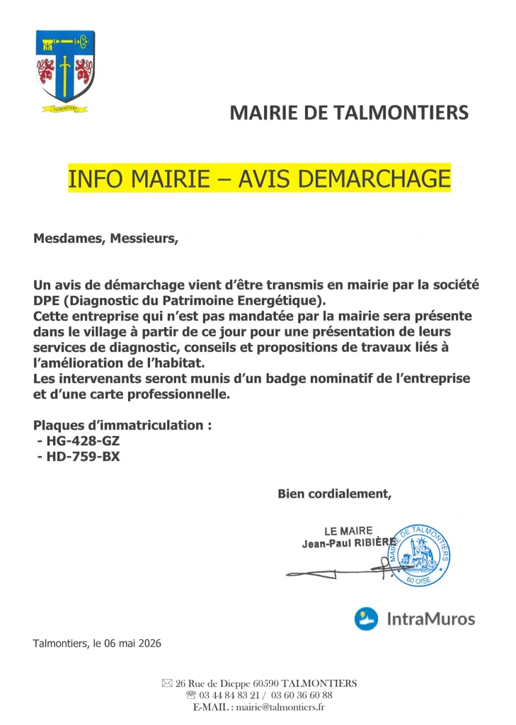 avis démarchage entreprise DPE (non mandatée par la mairie) à Talmontiers à compter du 06 mai 2026