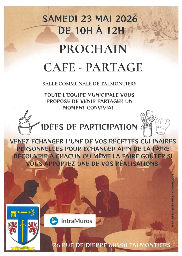 Toute l'équipe municipale vous propose de venir partager un moment convivial ce samedi 23 mai de 10 à 12 heures salle communale de Talmontiers