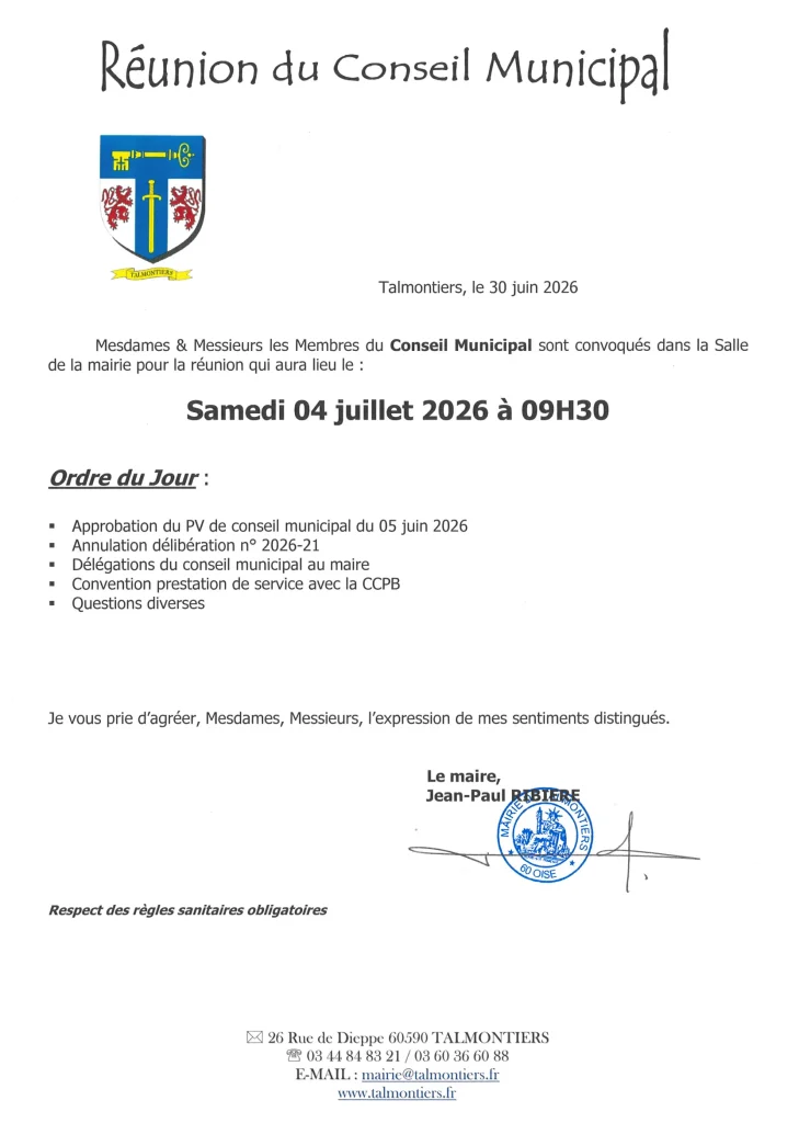avis de réunion de conseil municipal le samedi 04 juillet 2026 à 9h30