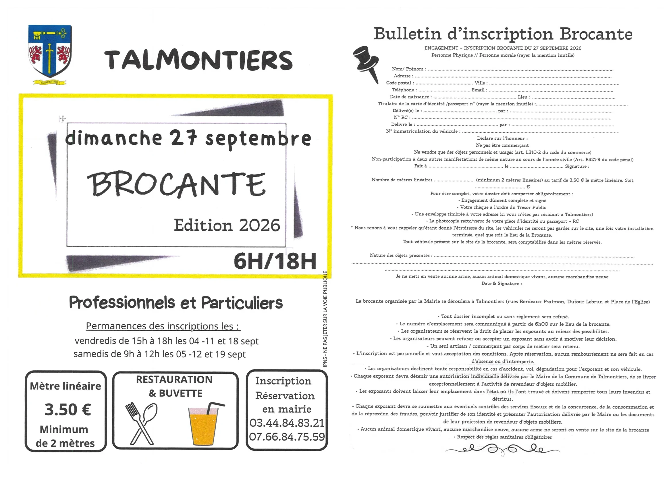BROCANTE DE TALMONTIERS LE DIMANCHE 27 SEPTEMBRE 2026 
