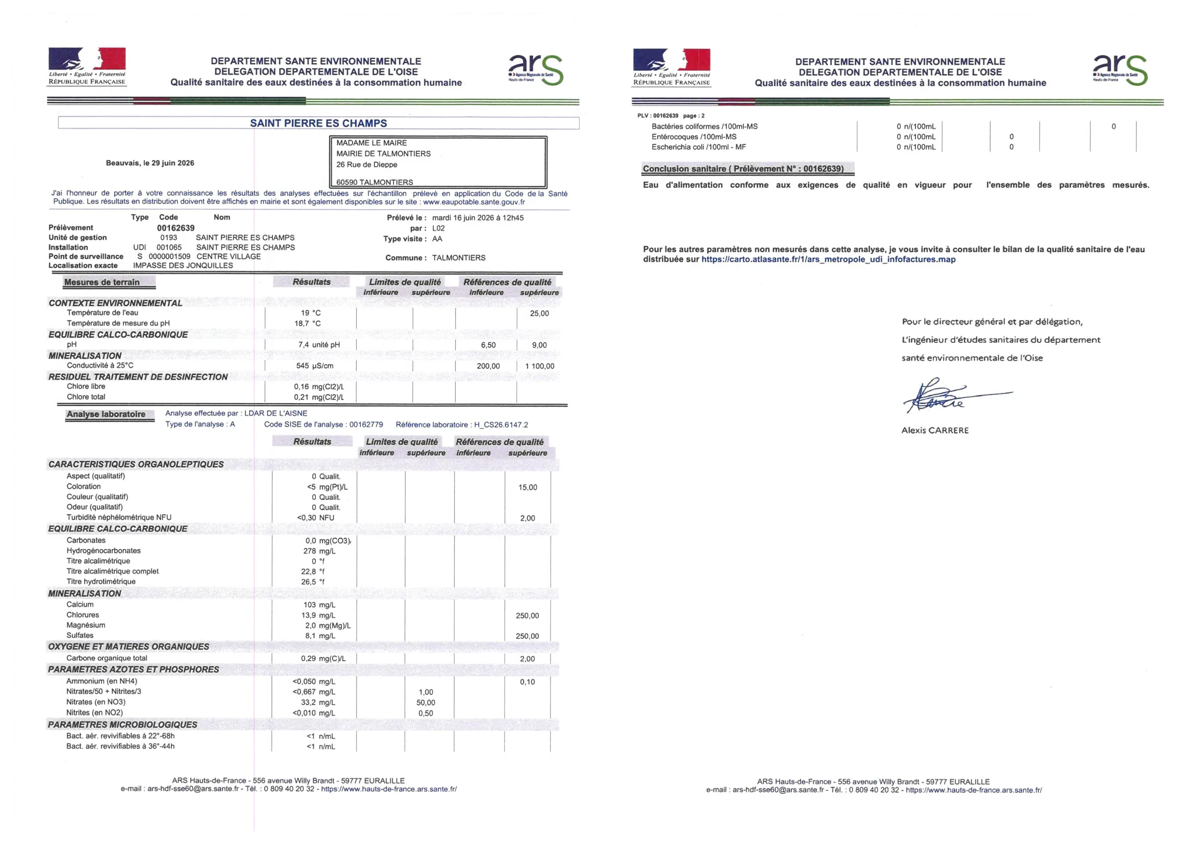 Bulletin d'analyses ARS 