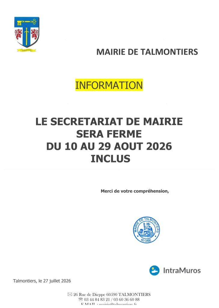 FERMETURE DU SECRETRIAT DE MAIRIE DU 10 AU 29 AOUT 2026 INCLUS