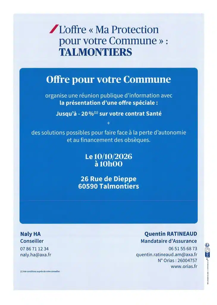 Réunion publique d'information avec AXA le 10 octobre 2026 à 10 heures à la salle communale de Talmontiers 