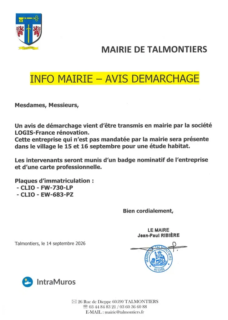 avis démarchage de la société LOGIS-FRANCE RENOVATION les 15 et 16 septembre à Talmontiers