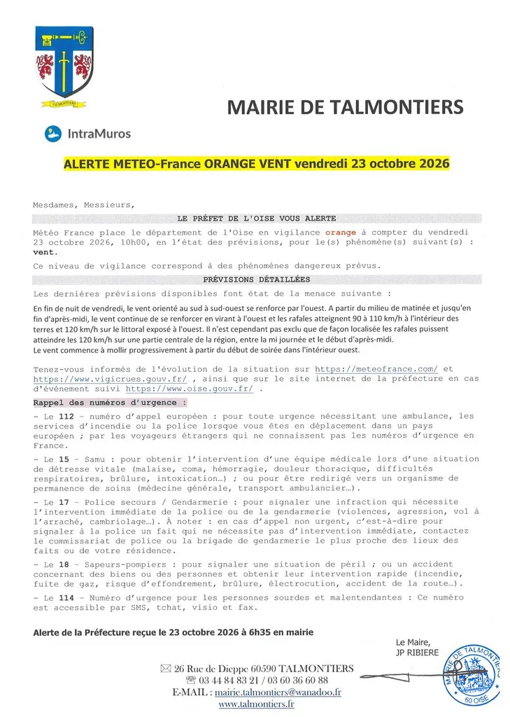 ALERTE METEO FRANCE DU 23 OCTOBRE 2026 ORANGE VENT DE LA PREFECTURE DE L'OISE 