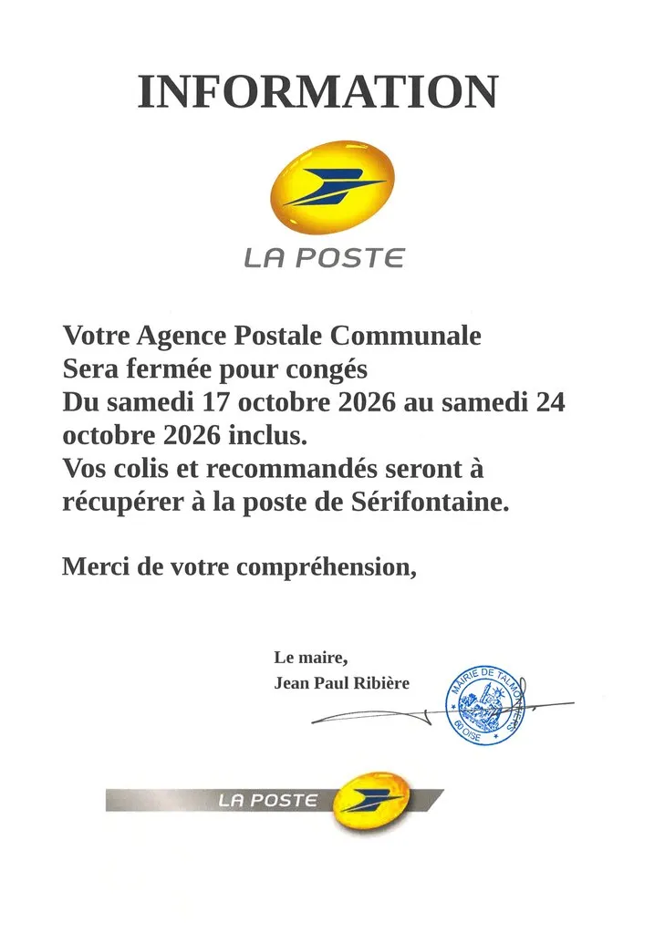 fermeture de l'agence postale de Talmontiers pour congés du 17 au 24/10/2026 inclus